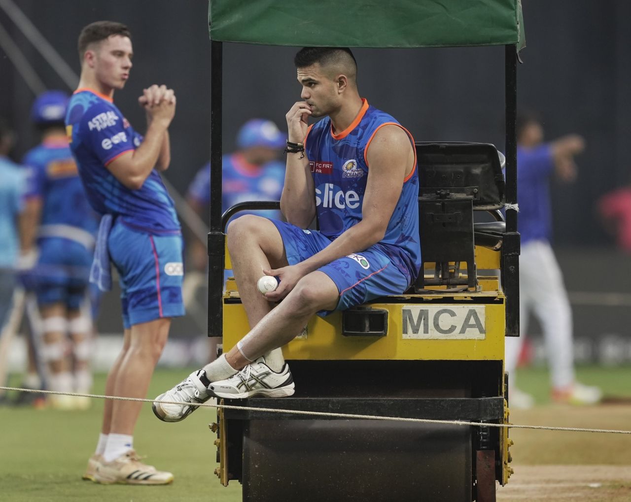 Arjun Tendulkar and Dewald Brevis at a training session, Mumbai, May 11, 2023
