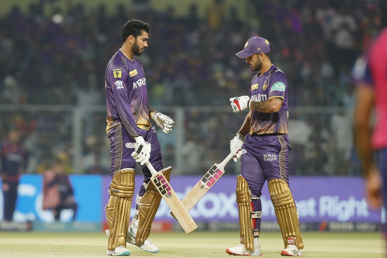 Venkatesh Iyer and Nitish Rana punch gloves, Kolkata Knight Riders vs Rajasthan Royals, IPL 2023, Kolkata, May 11, 2023