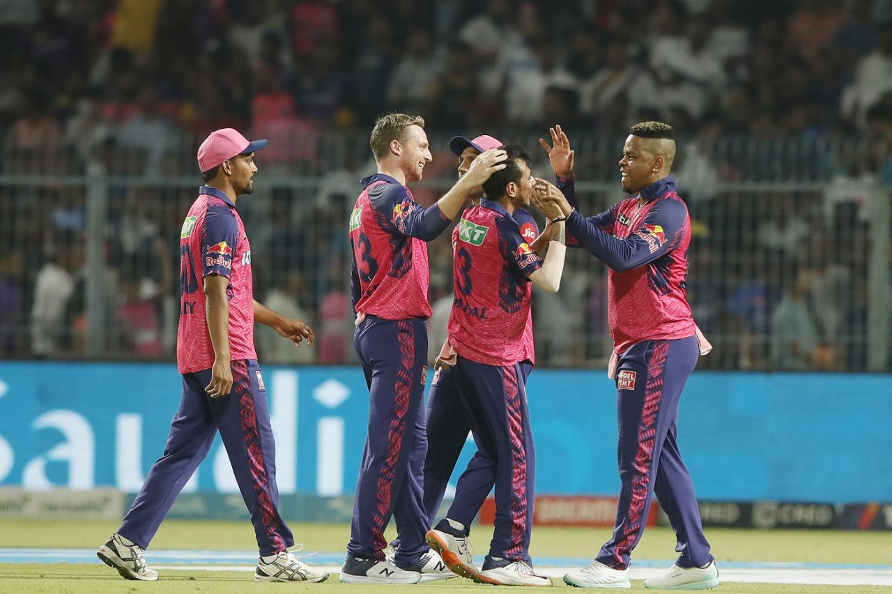 Yuzvendra Chahal is congratulated upon becoming the leading IPL wicket-taker, Kolkata Knight Riders vs Rajasthan Royals, IPL 2023, Kolkata, May 11, 2023