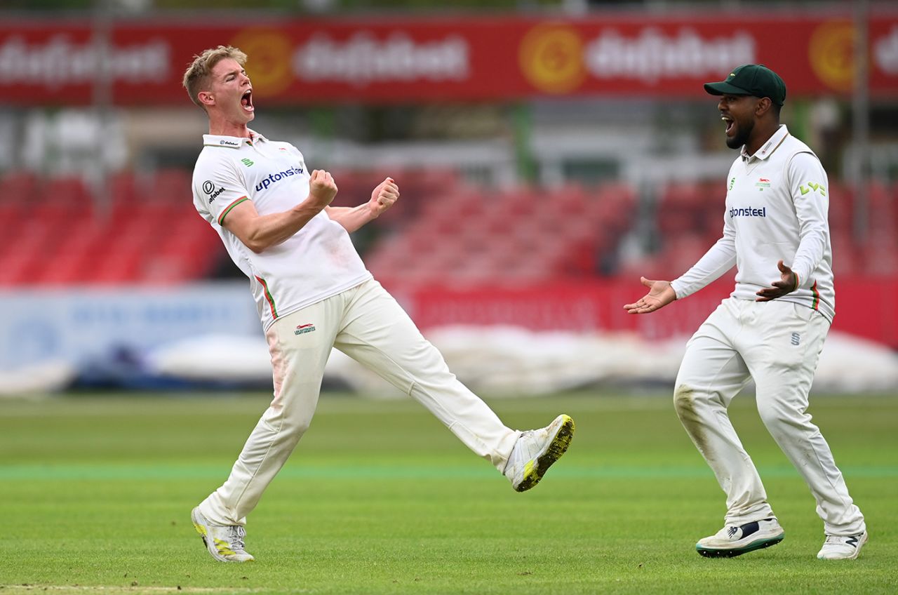 Tom Scriven celebrates his dismissal of Cheteshwar Pujara, Leicestershire vs Sussex, County Championship, Division Two, Grace Road, May 12, 2023