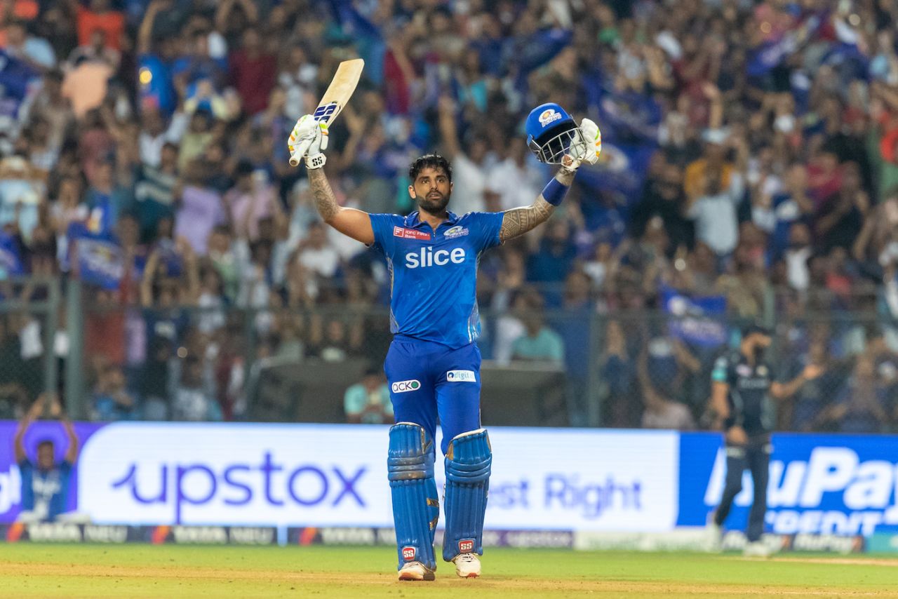 Suryakumar Yadav hit his first IPL century, a 49-ball 103 not out, Mumbai Indians vs Gujarat Titans, IPL 2023, Mumbai, May 12, 2023