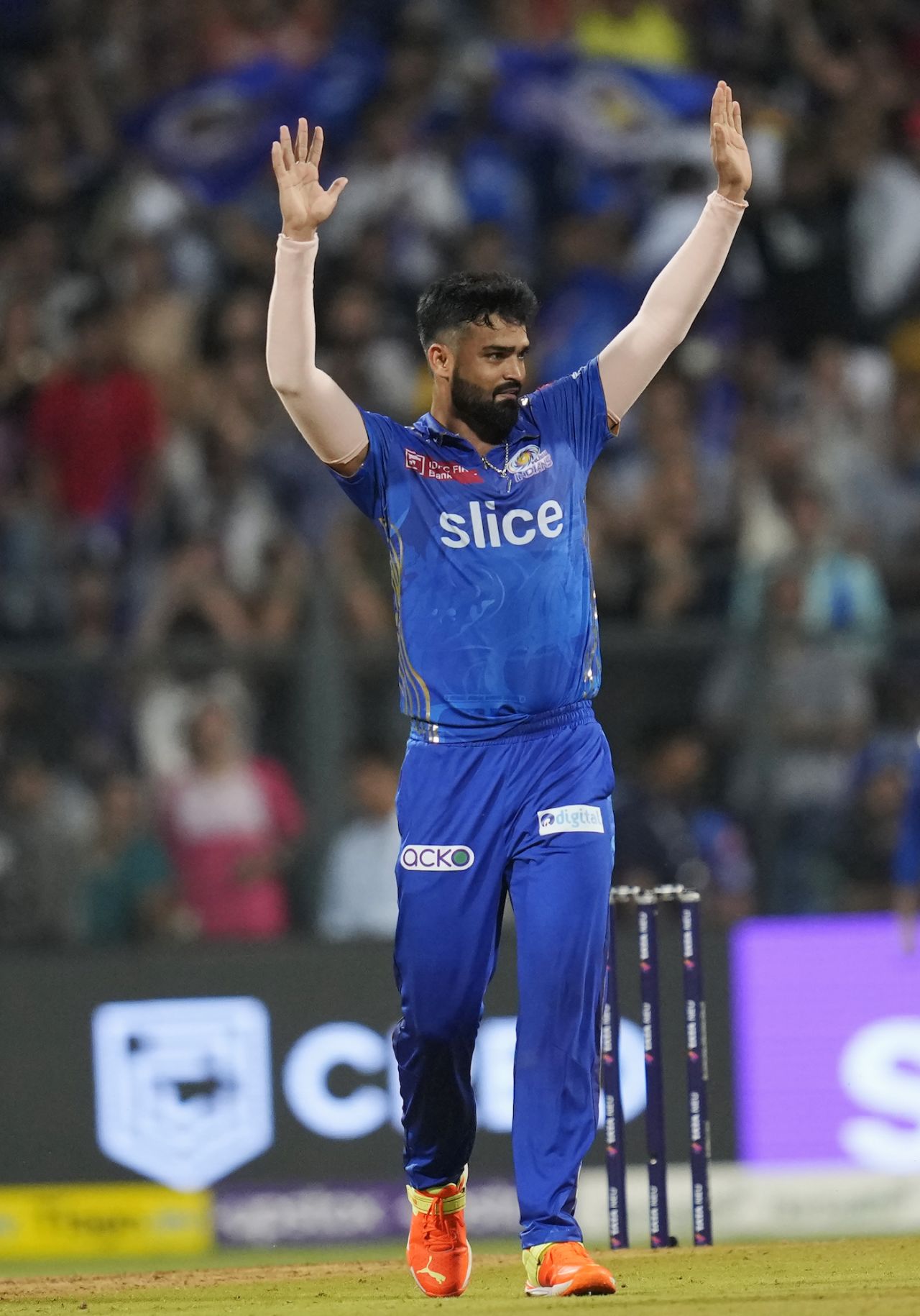 Kumar Kartikeya got on the scoresheet when he sent back Abhinav Manohar, Mumbai Indians vs Gujarat Titans, IPL 2023, Mumbai, May 12, 2023
