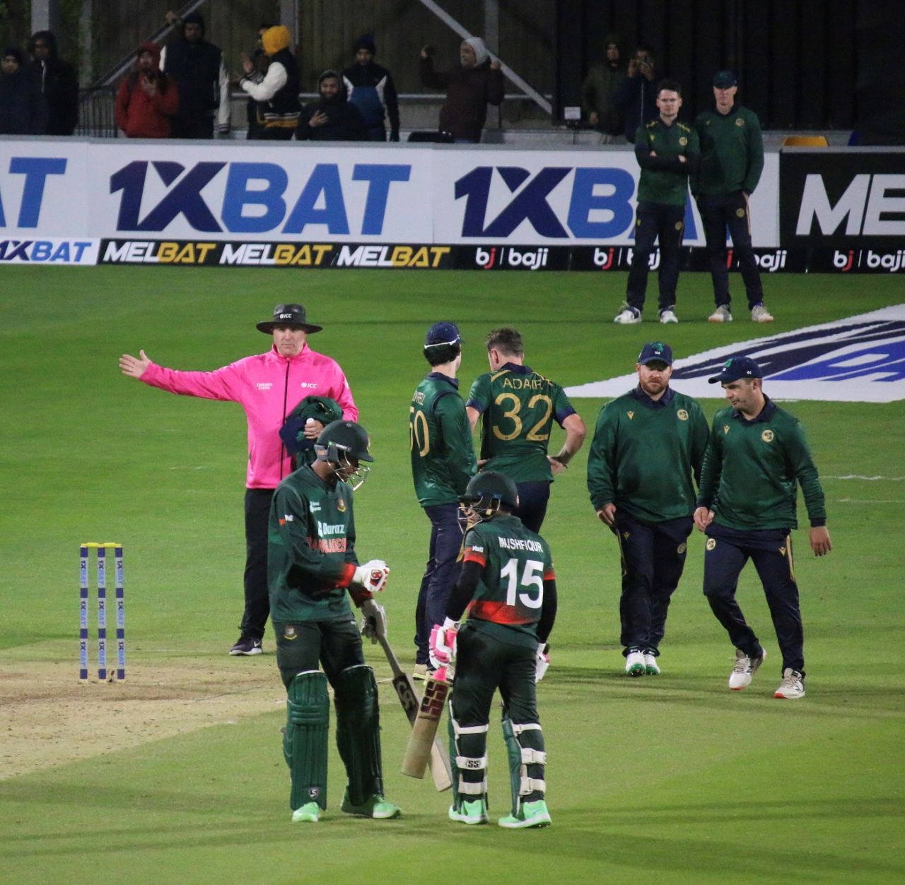 Umpire Adrian Holdstock signals a no-ball and Mushfiqur Rahim survives, Ireland vs Bangladesh, 2nd ODI, Chelmsford, May 12, 2023