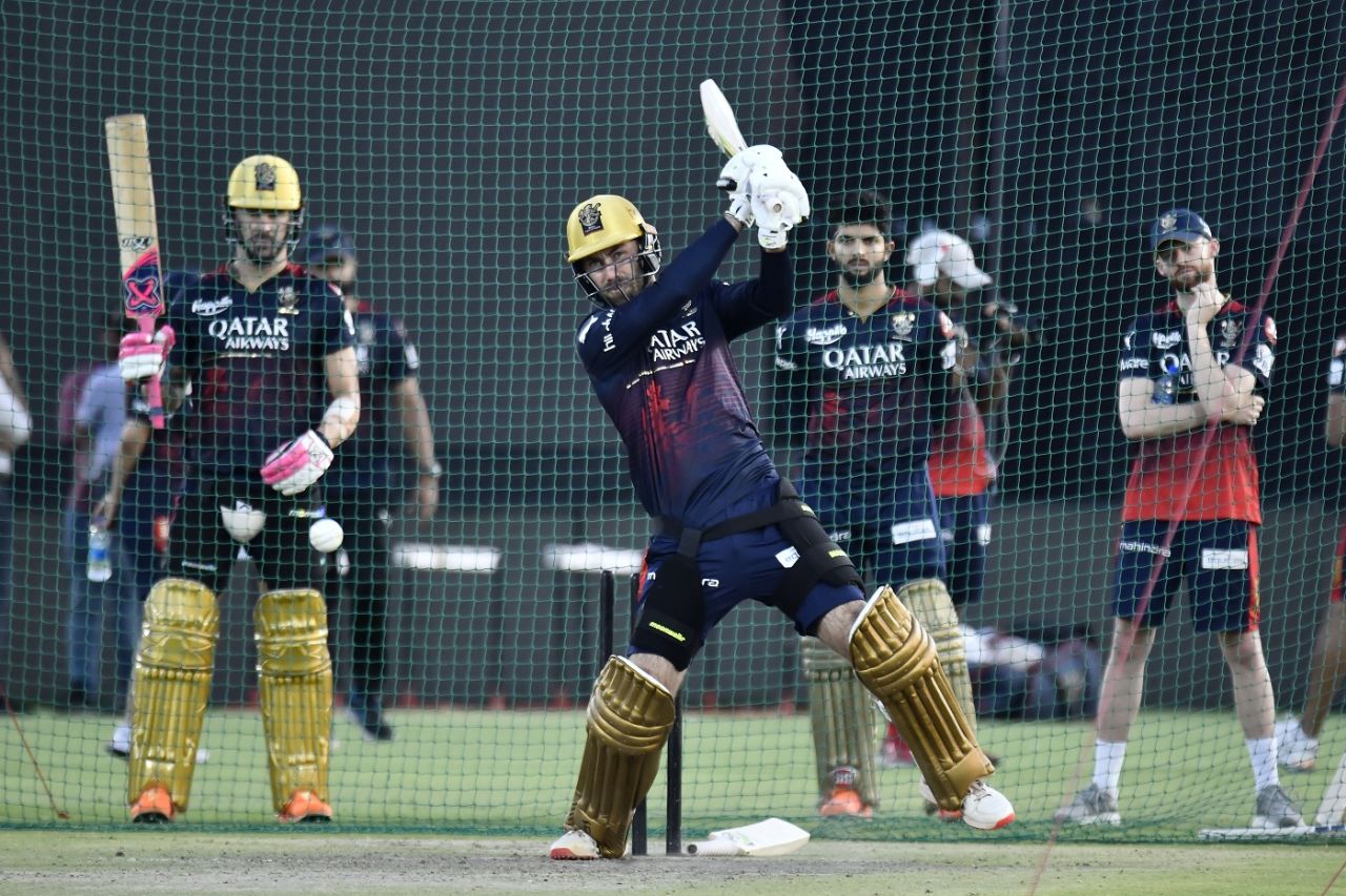 Glenn Maxwell tees off in training with Faf du Plessis looking on, IPL 2023, Jaipur, May 12, 2023