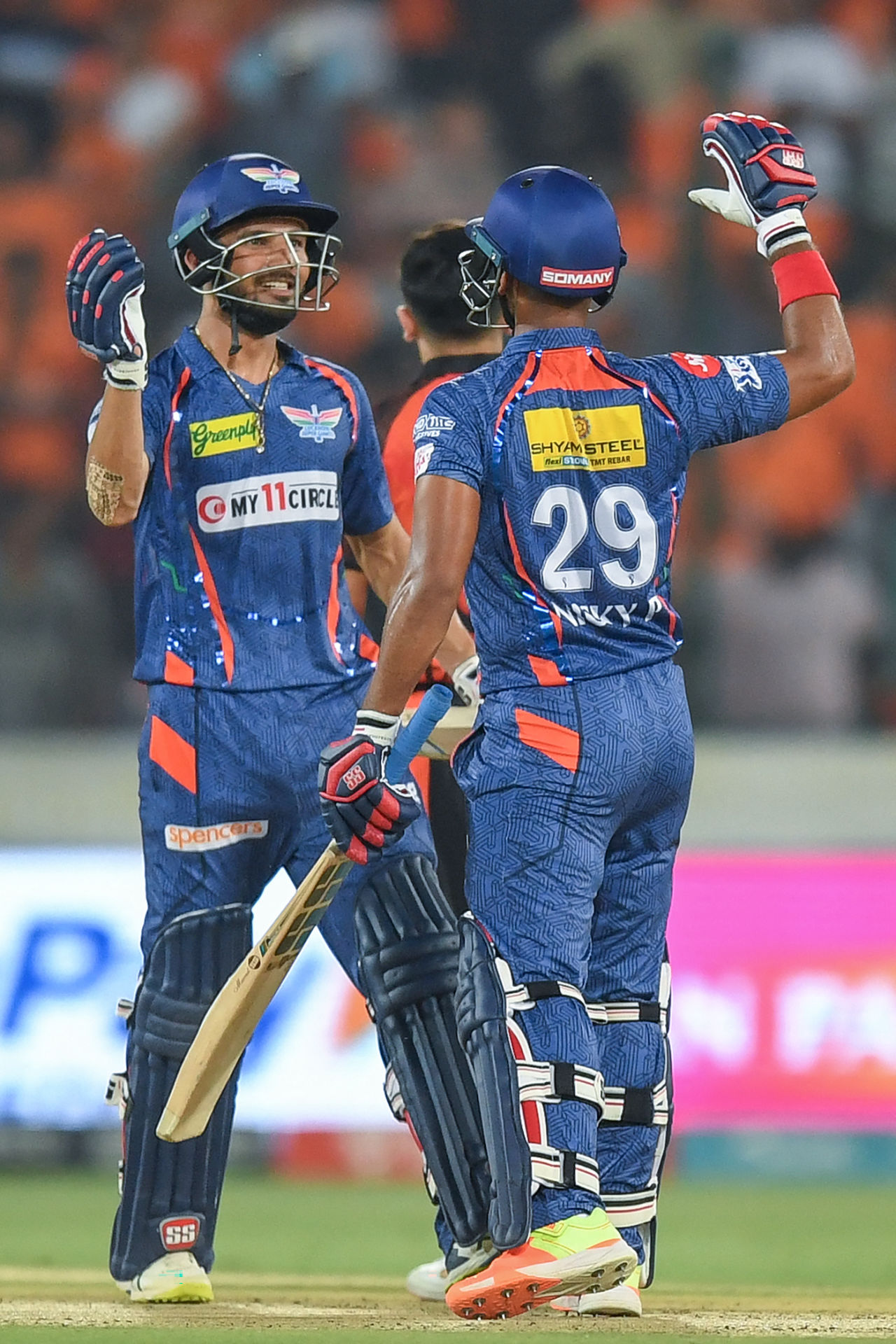 Prerak Mankad and Nicholas Pooran celebrate after completing the job, Sunrisers Hyderabad vs Lucknow Super Giants, IPL 2023, Hyderabad, May 13, 2023