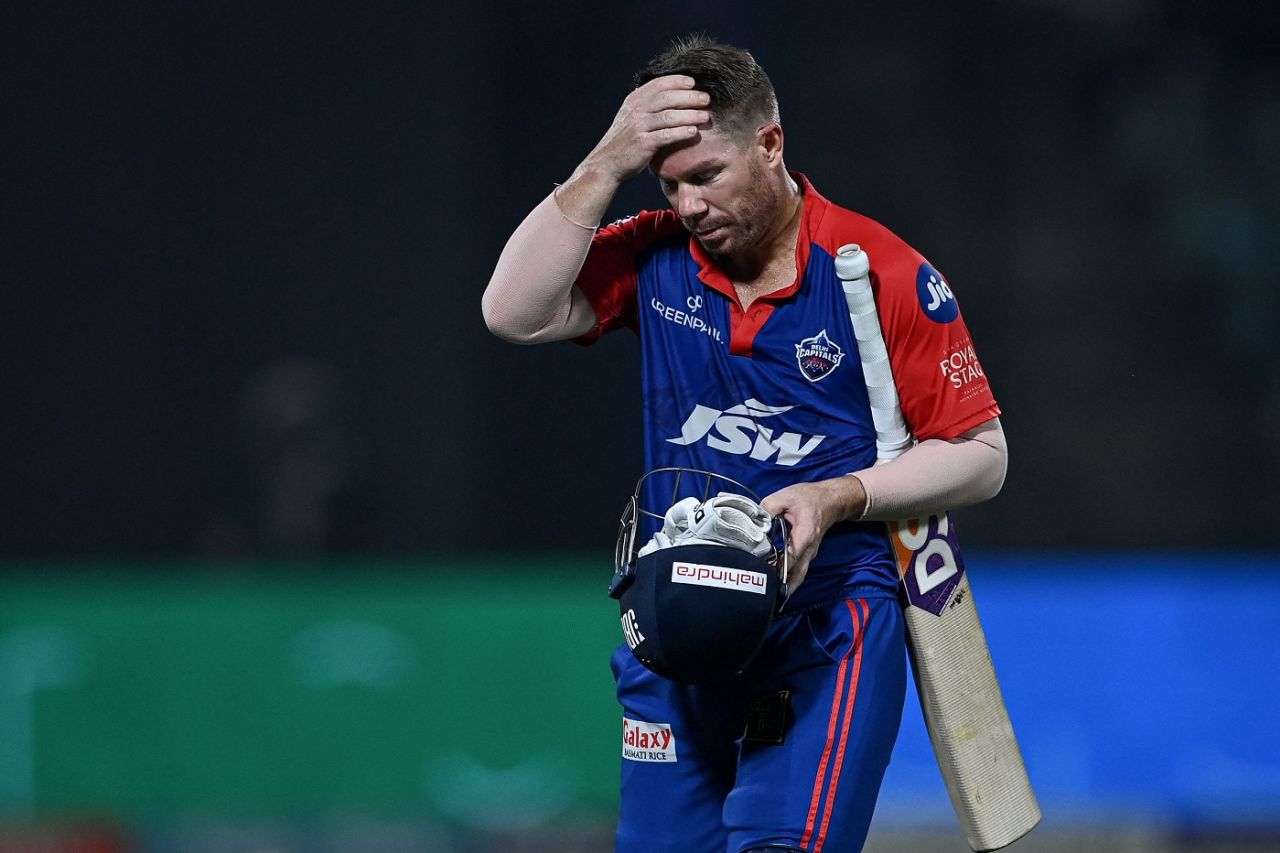 A dejected David Warner walks off after his 27-ball 54, Delhi Capitals vs Punjab Kings, IPL 2023, Delhi, May 13, 2023