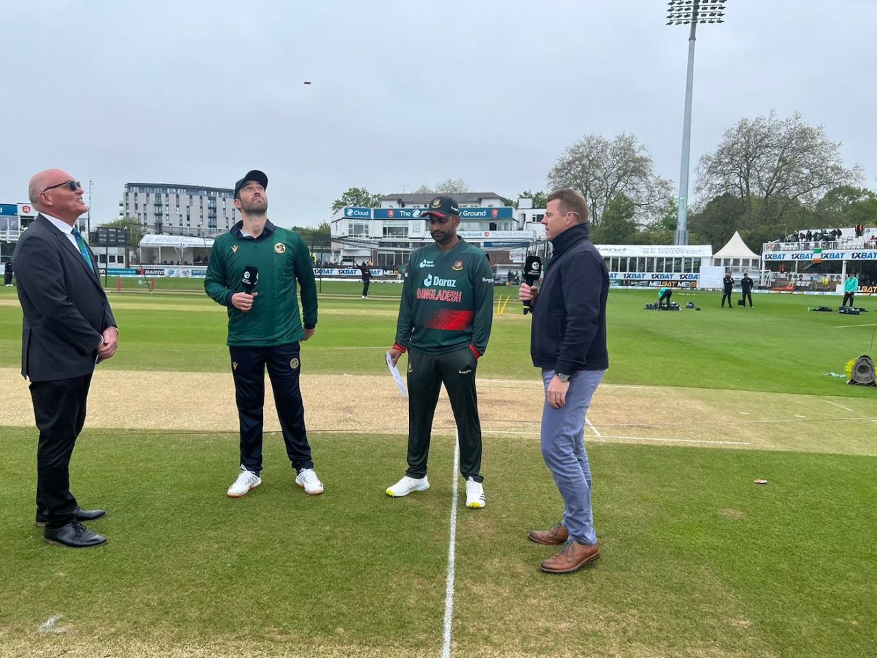 Andy Balbirnie and Tamim Iqbal at the toss along with Jeff Crowe and Niall O'Brien, Ireland vs Bangladesh, 3rd ODI, Chelmsford, May 14, 2023