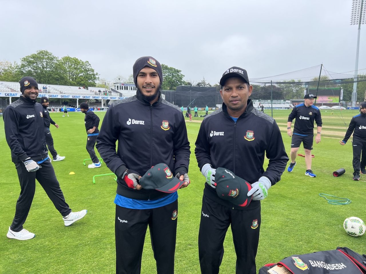 Mrittunjoy Chowdhury and Rony Talukdar pose with their caps while a happy Ebadot Hossain photobombs, Ireland vs Bangladesh, 3rd ODI, Chelmsford, May 14, 2023