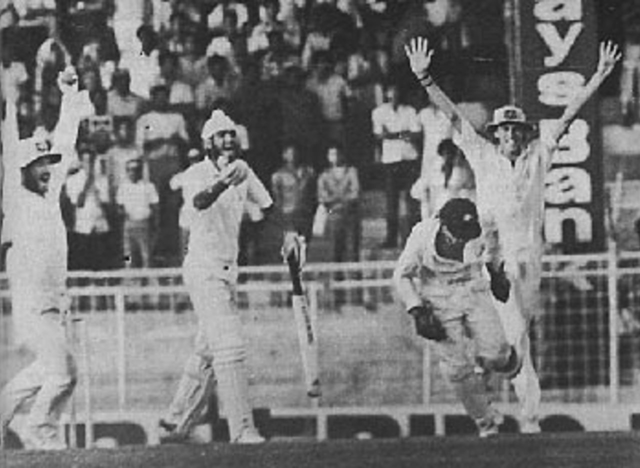 Maninder Singh protests at being given out lbw to Greg Matthews as the Test ends in a tie, India v Australia, Madras, 1986-87