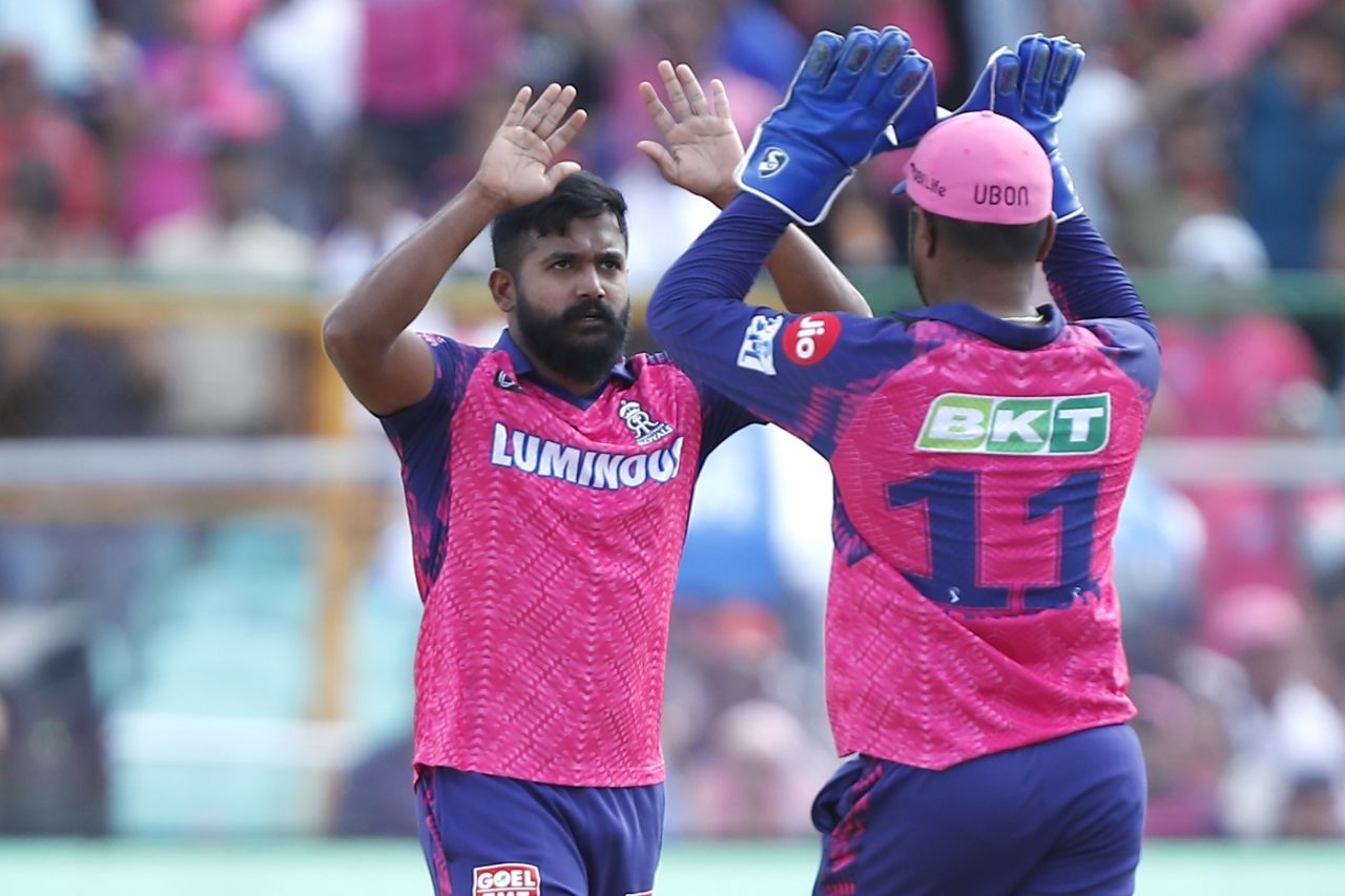 KM Asif celebrates the key wicket of Virat Kohli, Rajasthan Royals vs Royal Challengers Bangalore, IPL, Jaipur, May 14, 2023