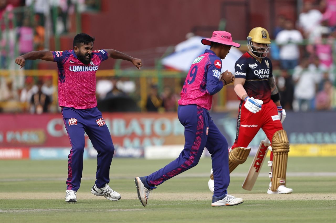 KM Asif is pumped up after getting rid of Virat Kohli, Rajasthan Royals vs Royal Challengers Bangalore, IPL, Jaipur, May 14, 2023