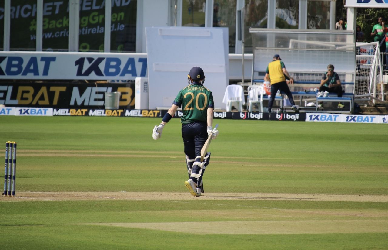 Stephen Doheny walks back after being dismissed, Ireland vs Bangladesh, 3rd ODI, Chelmsford, May 14, 2023