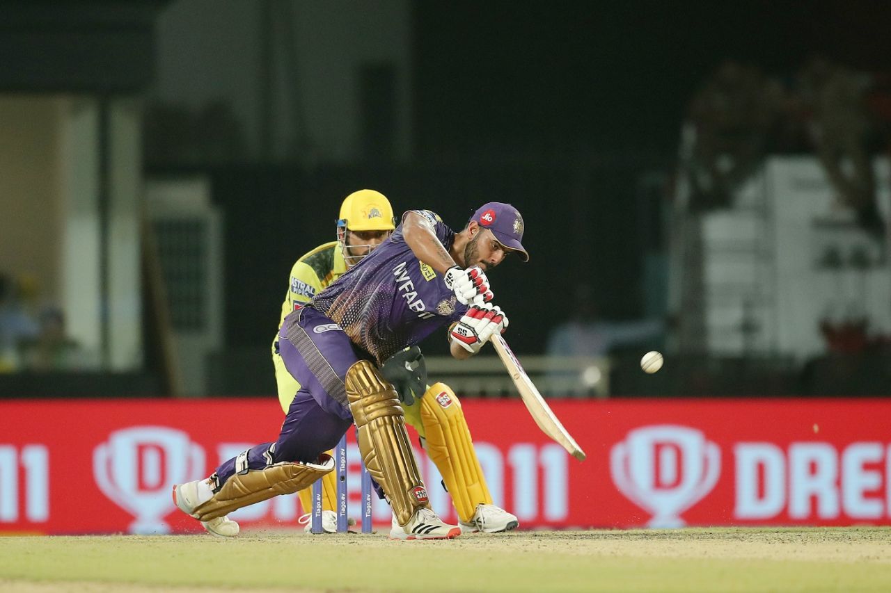 Nitish Rana leans into a cover drive, Chennai Super Kings vs Kolkata Knight Riders, IPL 2023, Chennai, May 14, 2023