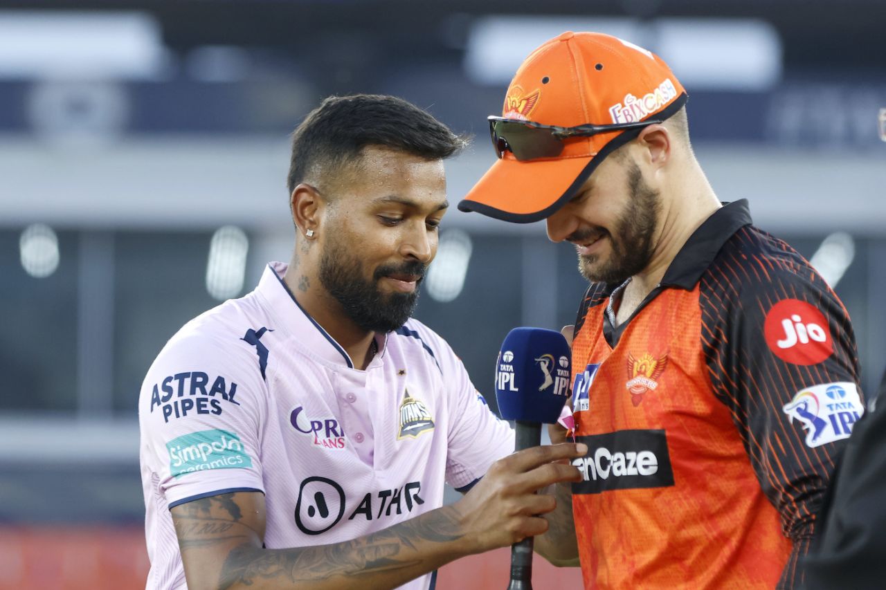 Hardik Pandya and Aiden Markram at the toss, Gujarat Titans vs Sunrisers Hyderabad, IPL 2023, Ahmedabad, May 15, 2023