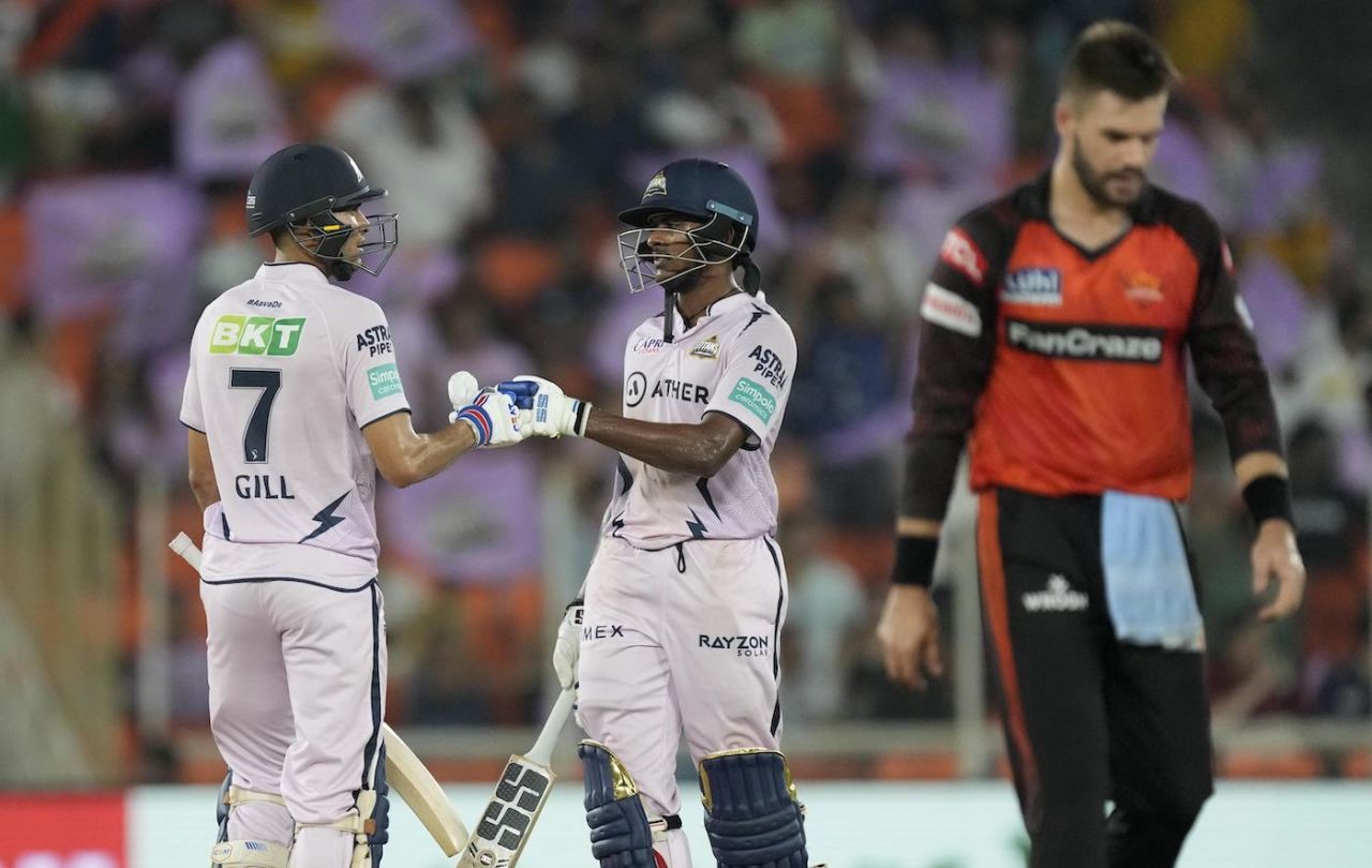 Sai Sudharsan and Shubman punch gloves as Aiden Markram walks, Gujarat Titans vs Sunrisers Hyderabad, IPL 2023, Ahmedabad, May 15, 2023