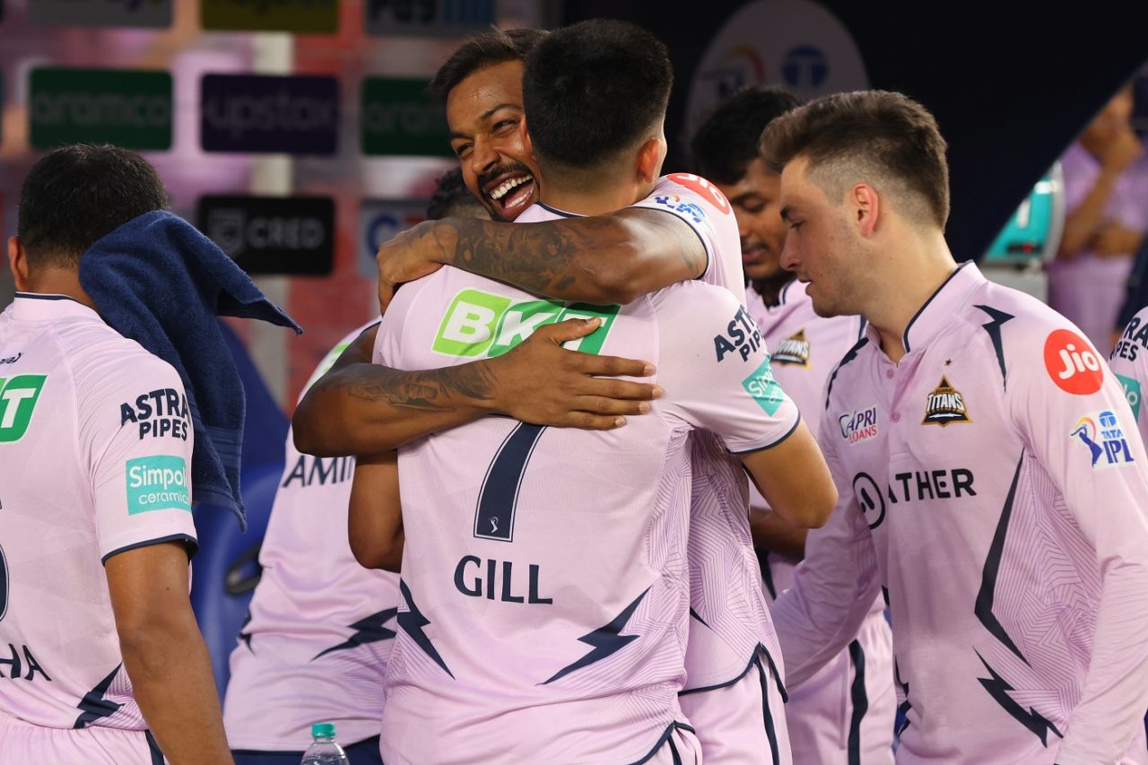 Shubman Gill gets a hug from a happy Hardik Pandya after his century, Gujarat Titans vs Sunrisers Hyderabad, IPL 2023, Ahmedabad, May 15, 2023