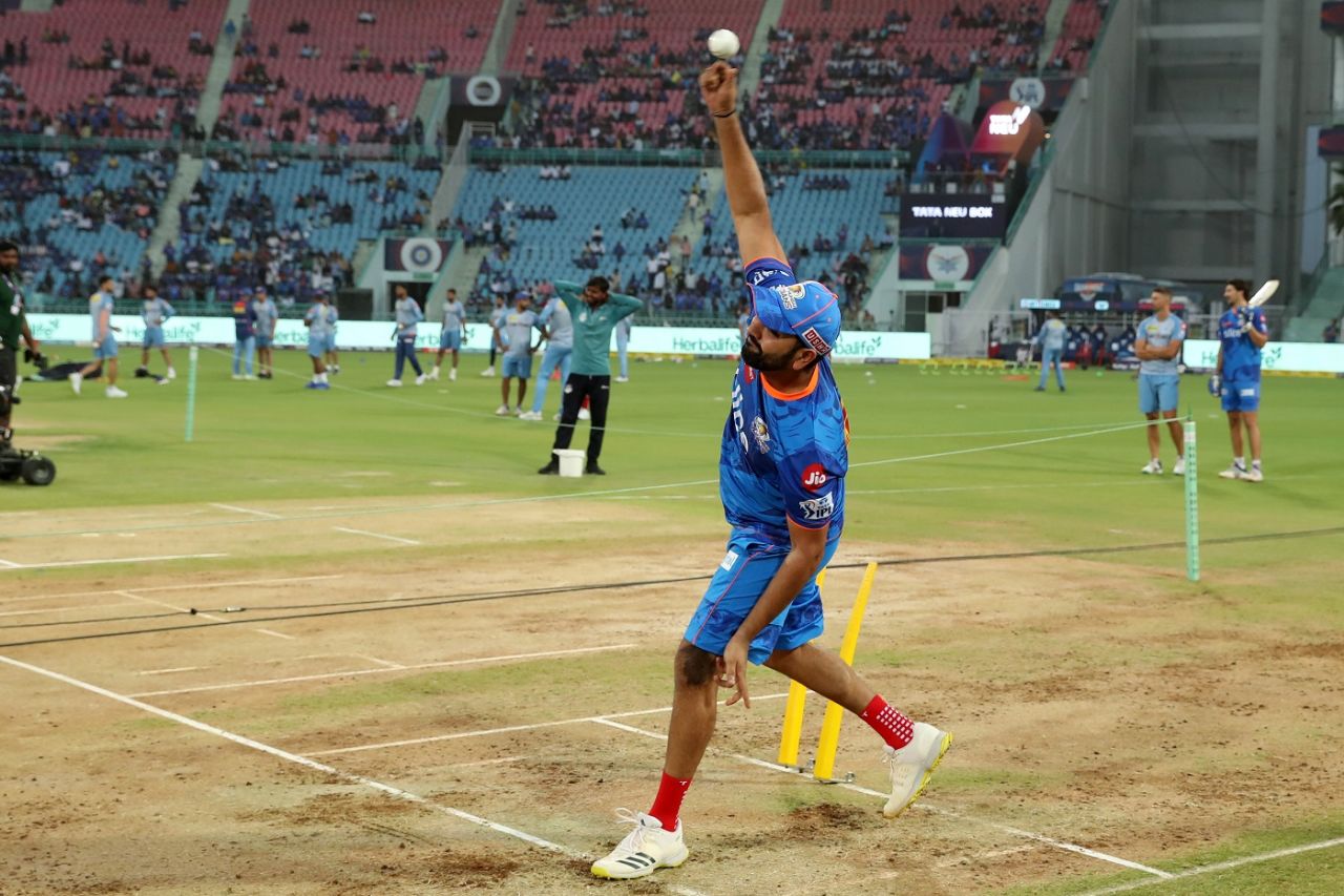 Rohit Sharma bowls ahead of the game, Lucknow Super Giants vs Mumbai Indians, IPL 2023, Lucknow, May 16, 2023