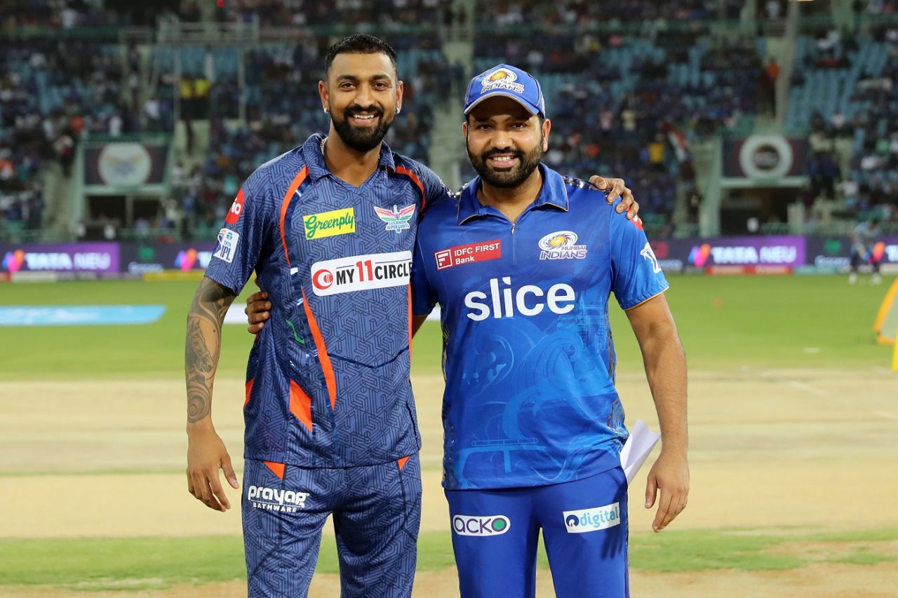 Krunal Pandya and Rohit Sharma before the toss, Lucknow Super Giants vs Mumbai Indians, IPL 2023, Lucknow, May 16, 2023