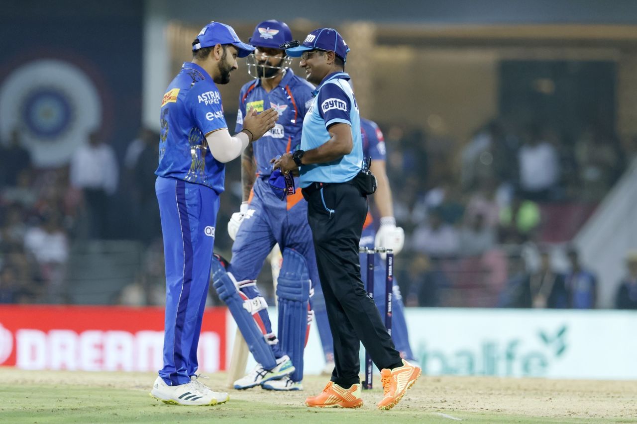 Rohit Sharma and umpire Nand Kishore discuss a wide call, Lucknow Super Giants vs Mumbai Indians, IPL 2023, Lucknow, May 16, 2023