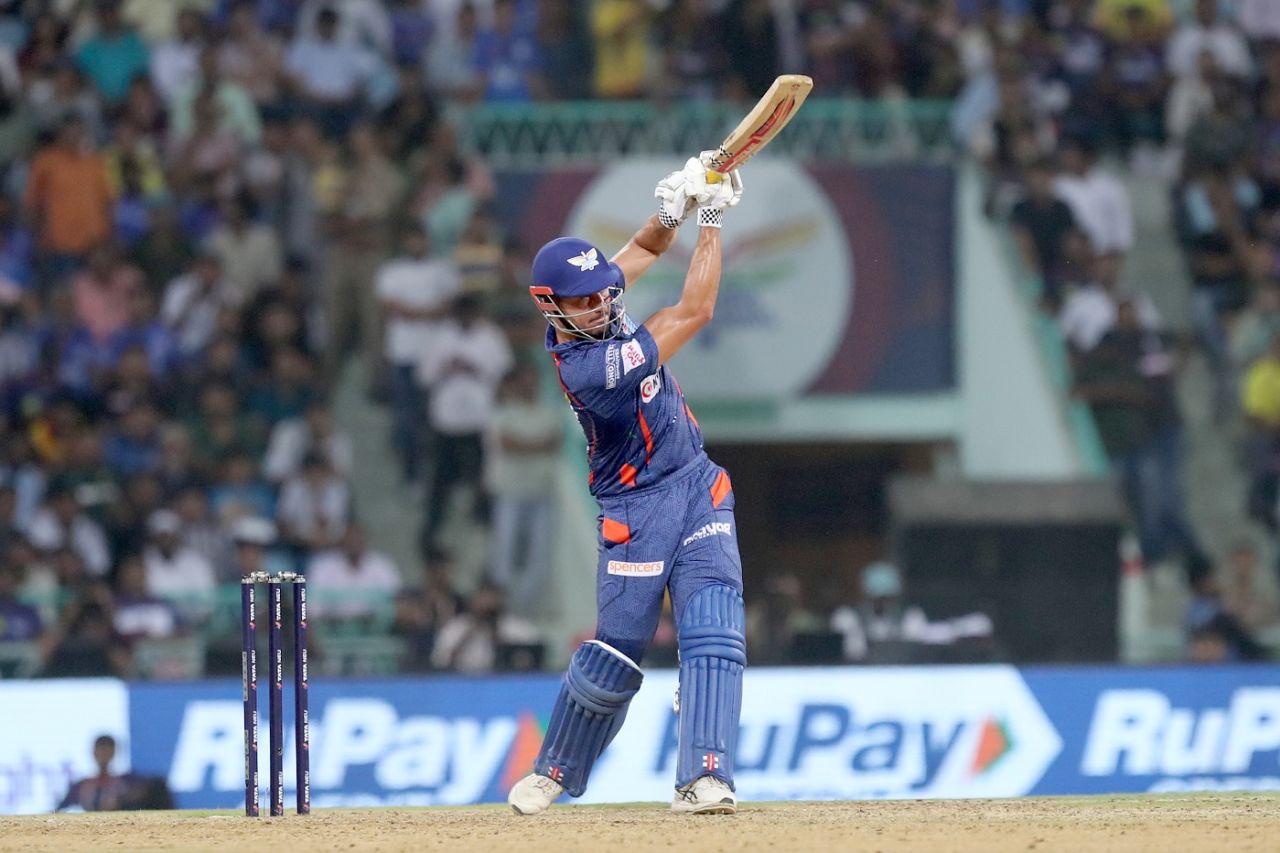 Marcus Stoinis brought up his fifty in a 24-run Chris Jordan over, Lucknow Super Giants vs Mumbai Indians, IPL 2023, Lucknow, May 16, 2023