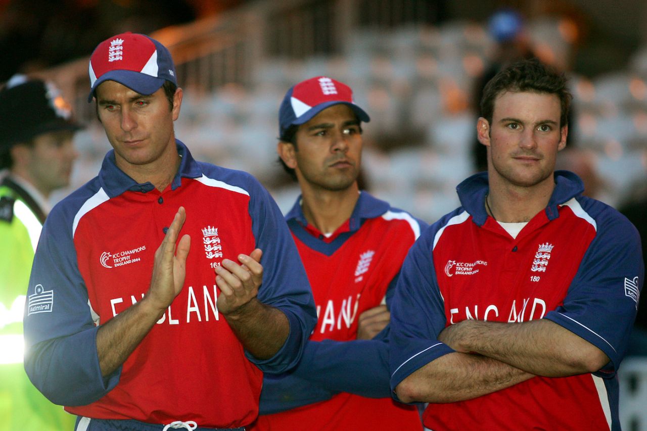 A dejected Michael Vaughan, Vikram Solanki and Andrew Strauss at the presentation, England v West Indies, Champions Trophy final, The Oval, September 25, 2004
