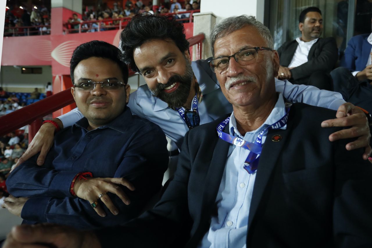 Jay Shah, Arun Dhumal, Roger Binny pose for a picture, Punjab Kings vs Delhi Capitals, IPL 2023, Dharamsala, May 17, 2023