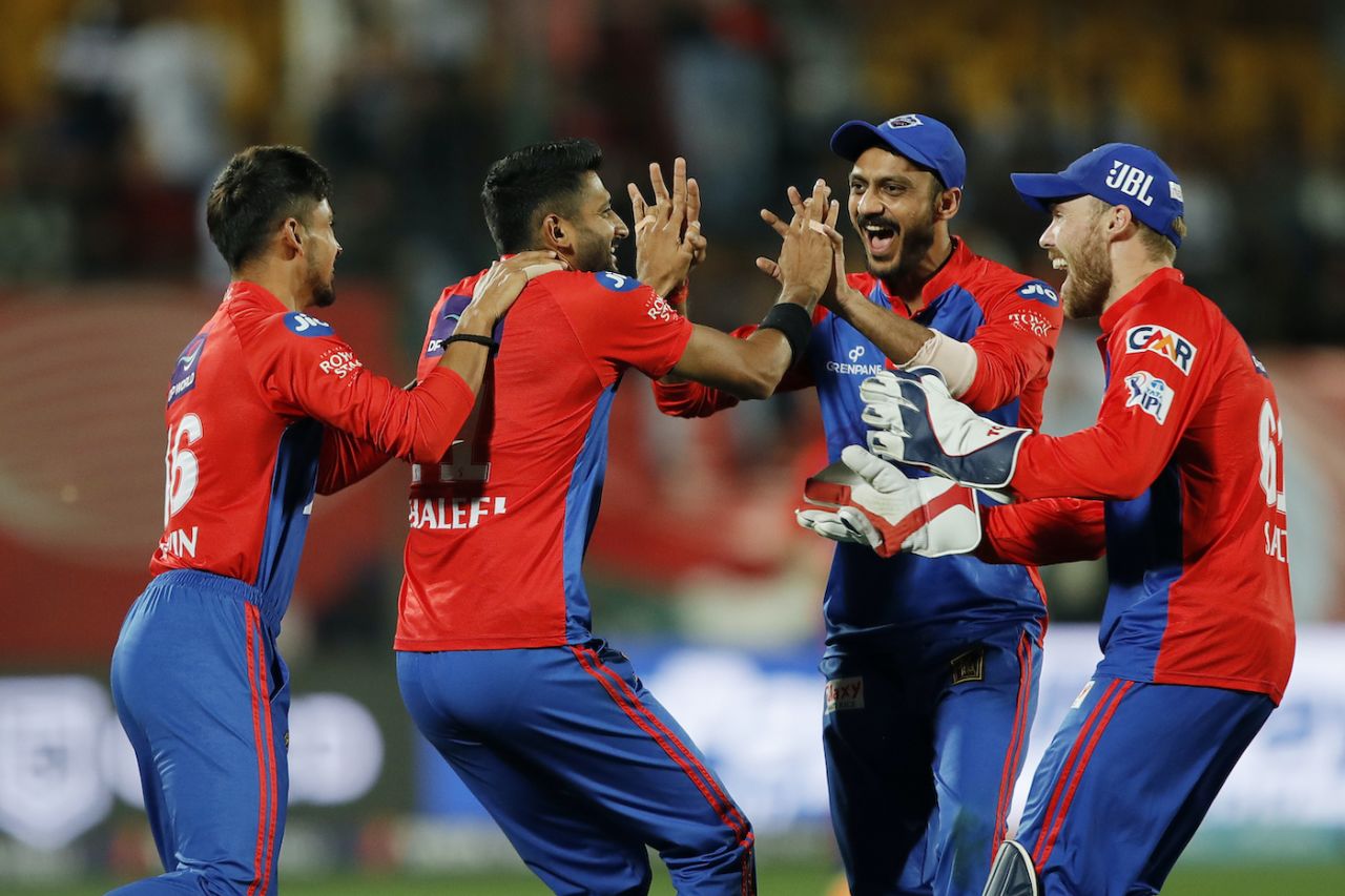 Khaleel Ahmed took a catch to the delight of Axar Patel and Phil Salt, Punjab Kings vs Delhi Capitals, IPL 2023, Dharamsala, May 17, 2023