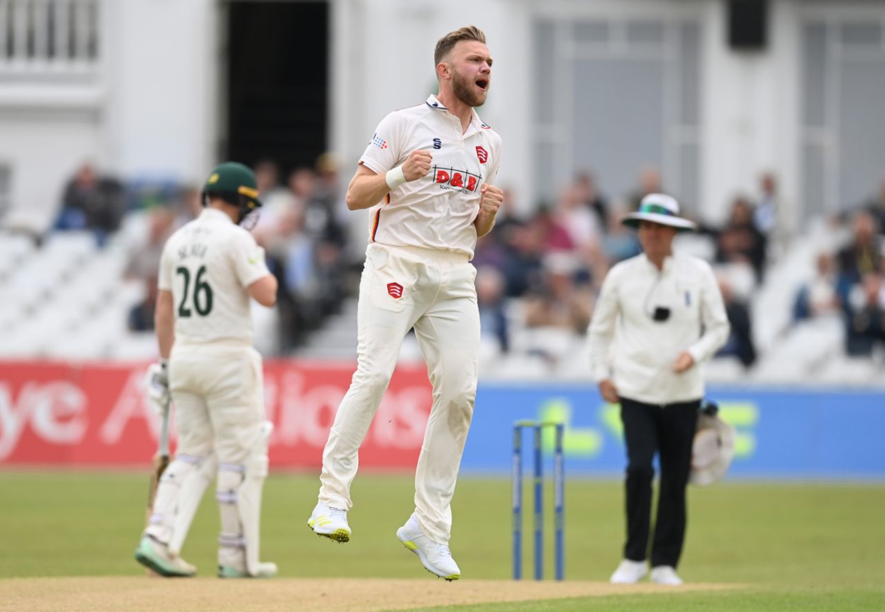 Sam Cook celebrates an early breakthrough, Nottinghamshire vs Essex, County Championship, Division One, Trent Bridge, May 19, 2023