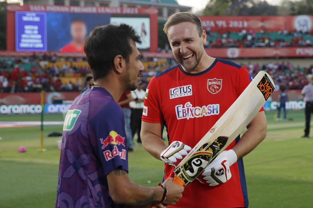 Yuzvendra Chahal and Liam Livingstone share a light moment ahead of the match, Punjab Kings vs Rajasthan Royals, IPL 2023, Dharamsala, May 19, 2023