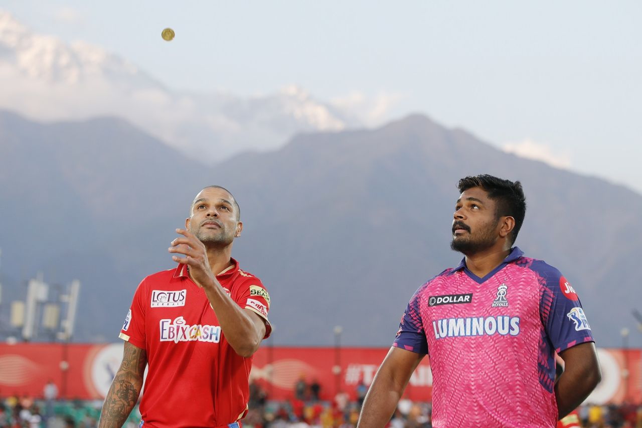 Shikhar Dhawan spins the coin as Sanju Samson calls, Punjab Kings vs Rajasthan Royals, IPL 2023, Dharamsala, May 19, 2023