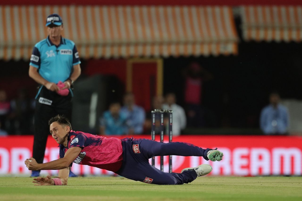Trent Boult dives to dismiss Prabhsimran Singh caught and bowled, Punjab Kings vs Rajasthan Royals, IPL 2023, Dharamsala, May 19, 2023
