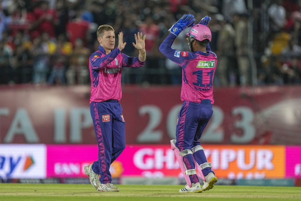 Adam Zampa celebrates Shikhar Dhawan's dismissal with Sanju Samson, Punjab Kings vs Rajasthan Royals, IPL 2023, Dharamsala, May 19, 2023
