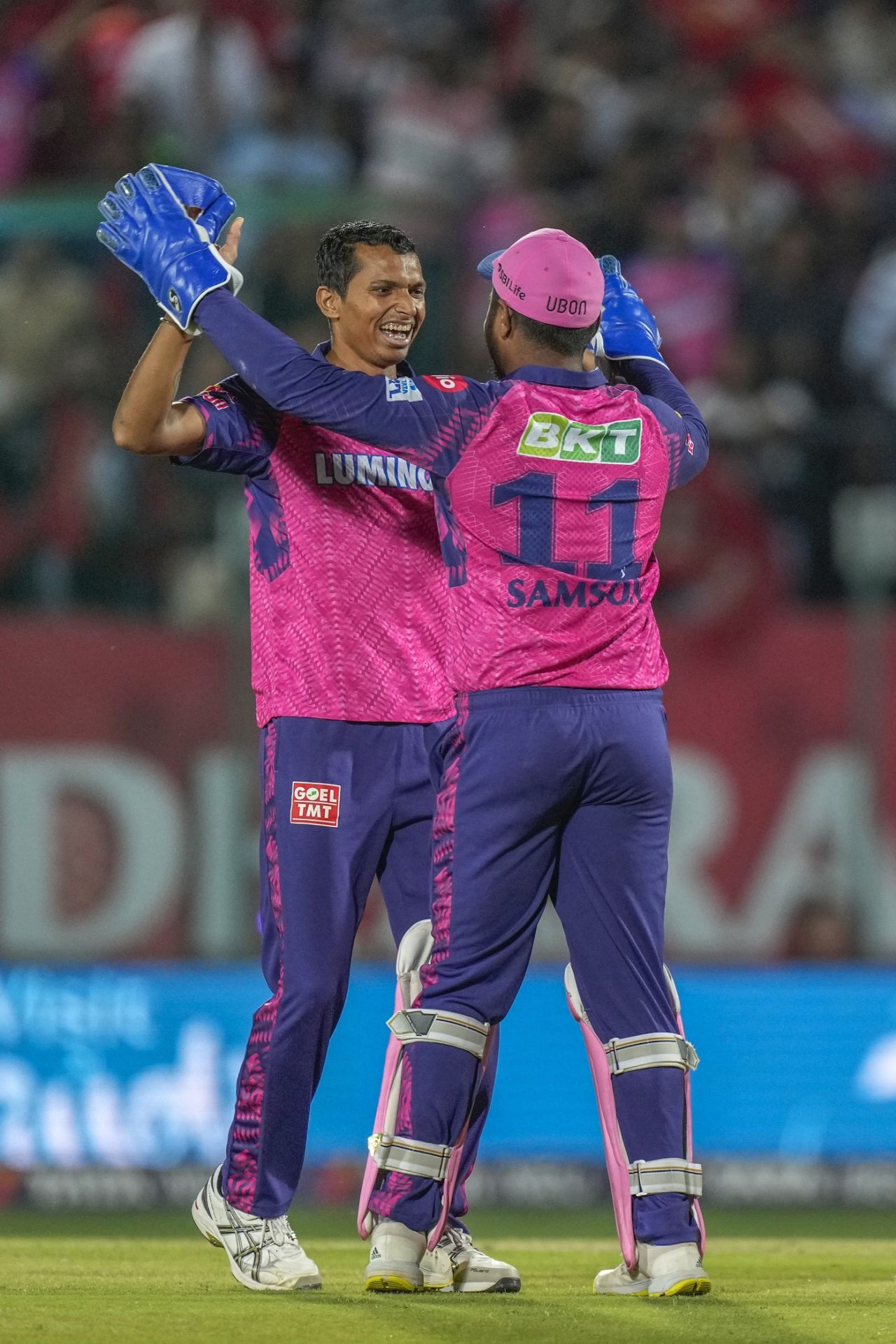 Navdeep Saini celebrates with Sanju Samson, Punjab Kings vs Rajasthan Royals, IPL 2023, Dharamsala, May 19, 2023