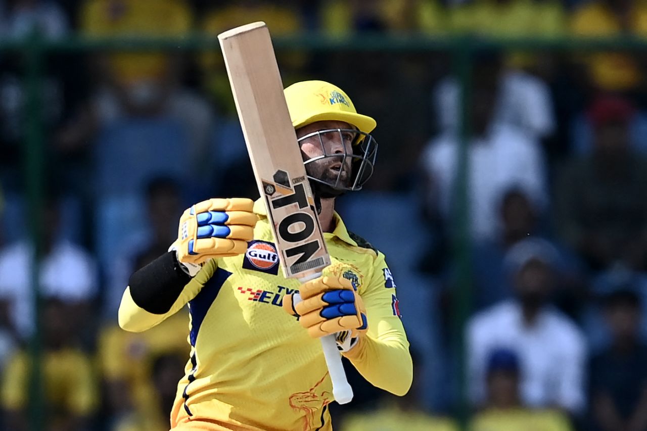 Devon Conway likes what he sees after hitting the ball long, Delhi Capitals vs Chennai Super Kings, IPL 2023, Delhi, May 20, 2023