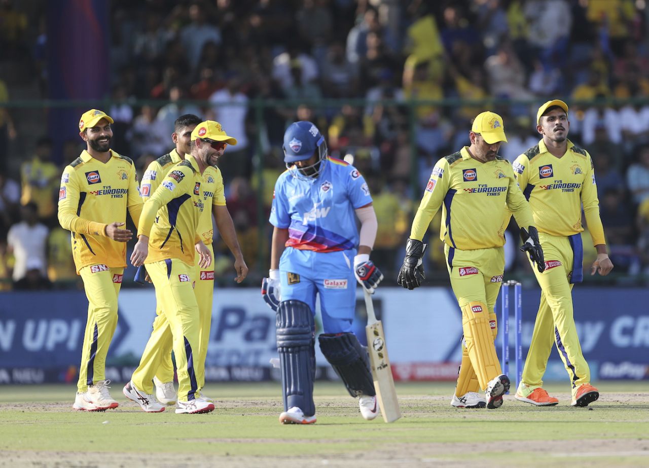 The CSK players celebrate after sending Prithvi Shaw back cheaply, Delhi Capitals vs Chennai Super Kings, IPL 2023, Delhi, May 20, 2023