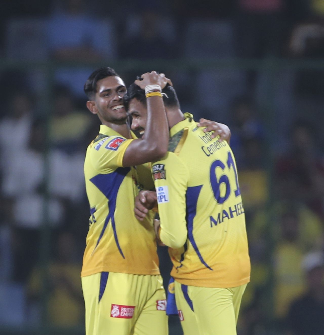 CSK's Sri Lankan imports, Matheesha Pathirana and Maheesh Theekshana, celebrate, Delhi Capitals vs Chennai Super Kings, IPL 2023, Delhi, May 20, 2023
