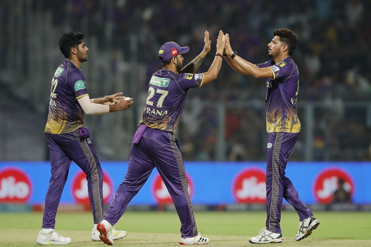Vaibhav Arora celebrates with Nitish Rana after dismissing Prerak Mankad, Kolkata Knight Riders vs Lucknow Super Giants, IPL 2023, Kolkata, May 20, 2023