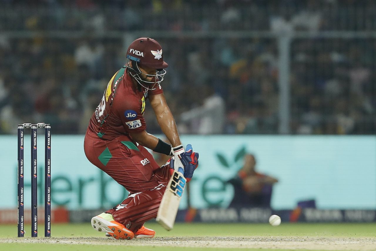 Nicholas Pooran shapes up to play a funky shot, Kolkata Knight Riders vs Lucknow Super Giants, IPL 2023, Kolkata, May 20, 2023