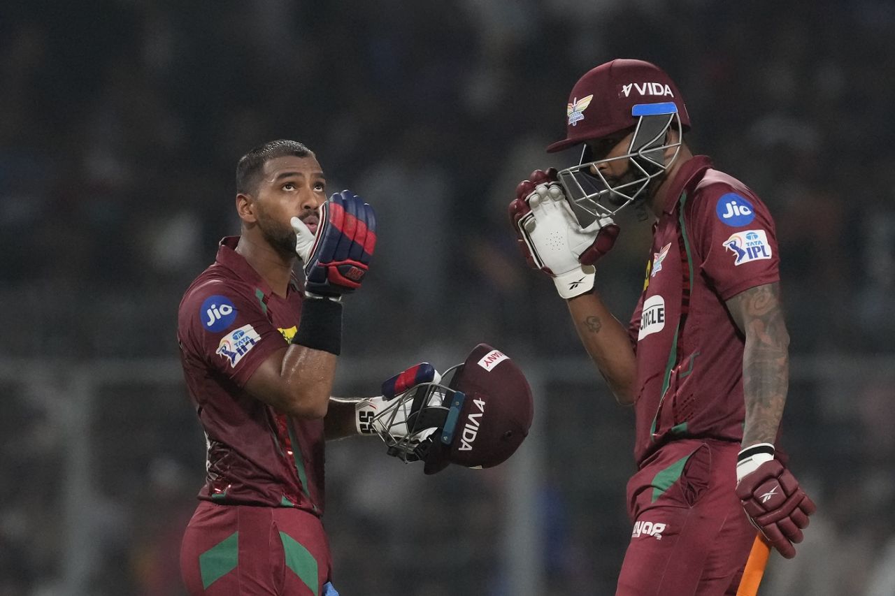 Nicholas Pooran celebrates his half-century with Krishnappa Gowtham, Kolkata Knight Riders vs Lucknow Super Giants, IPL 2023, Kolkata, May 20, 2023