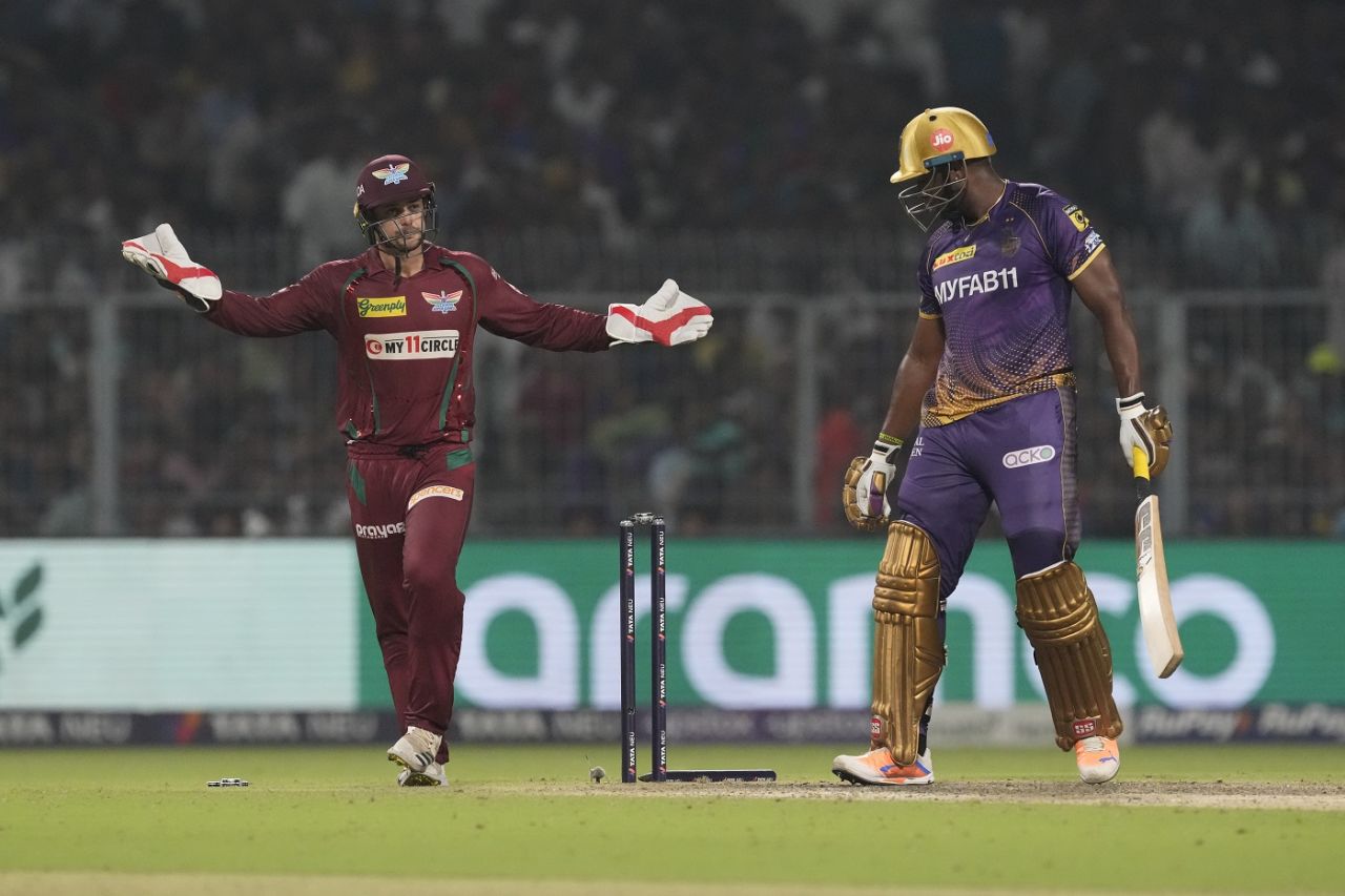 Andre Russell looks back to see his off stump flattened, Kolkata Knight Riders vs Lucknow Super Giants, IPL 2023, Kolkata, May 20, 2023