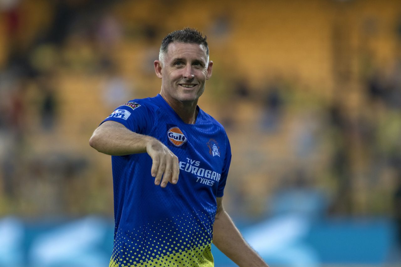 Micheal Hussey, Chennai Super Kings' batting coach, looks on, Gujarat Titans vs Chennai Super Kings, Qualifier 1, IPL 2023, May 23, 2023