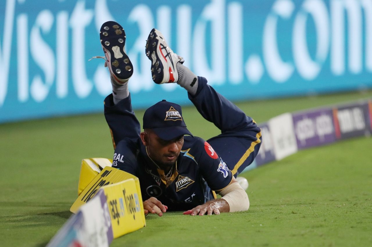 Dasun Shanaka with a dive near the boundary line to stop a four, Gujarat Titans vs Chennai Super Kings, Qualifier 1, IPL 2023, May 23, 2023