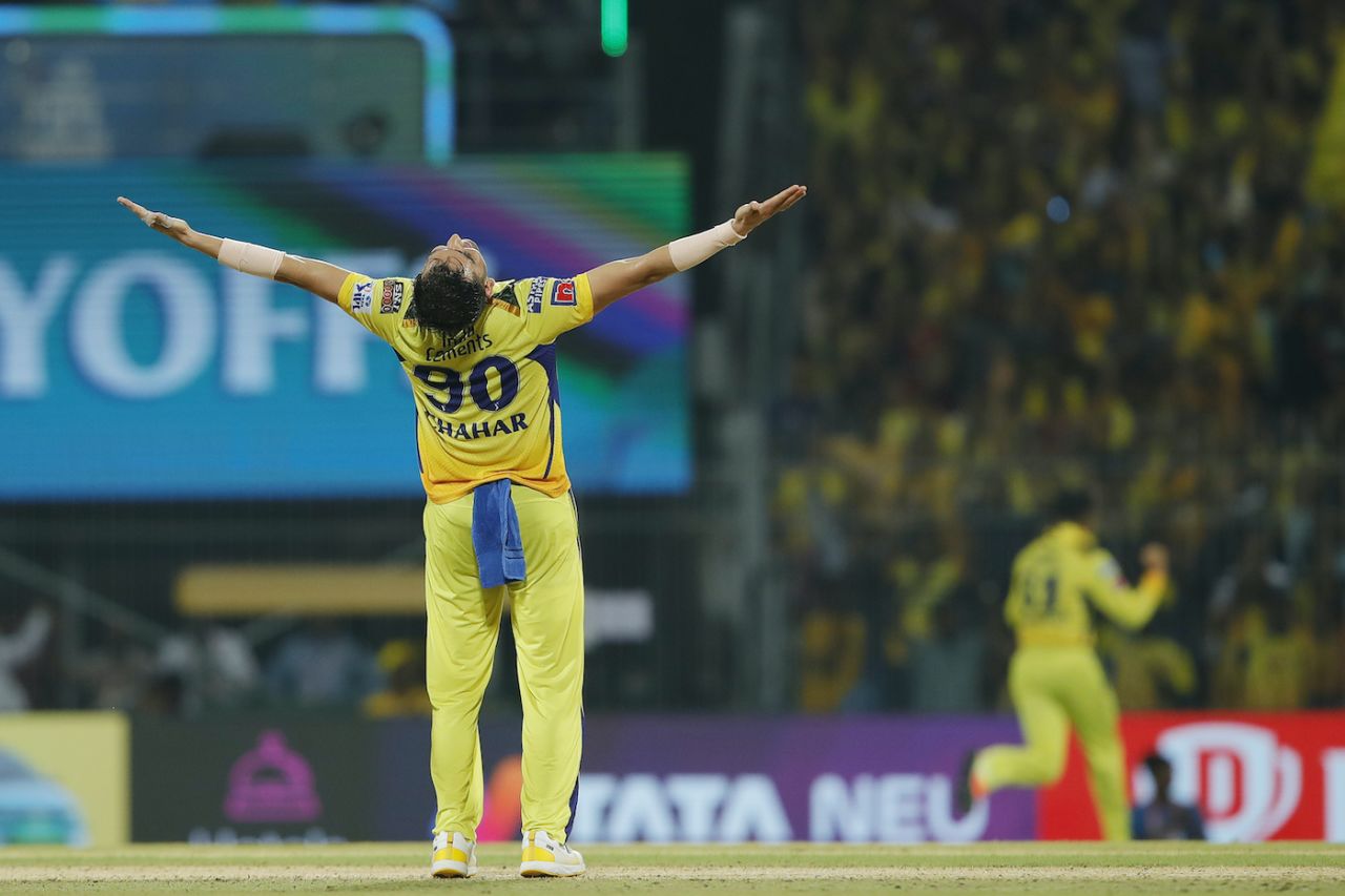 Deepak Chahar soaks in the delight after taking a key wicket, Gujarat Titans vs Chennai Super Kings, Qualifier 1, IPL 2023, May 23, 2023