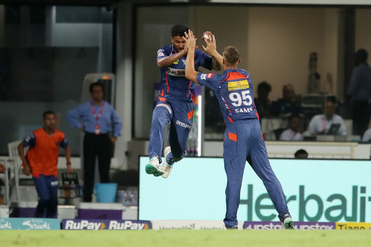 K Gowtham leaps in celebration after catching out Suryakumar Yadav, Lucknow Super Giants vs Mumbai Indians, IPL 2023, Eliminator, May 24, 2023