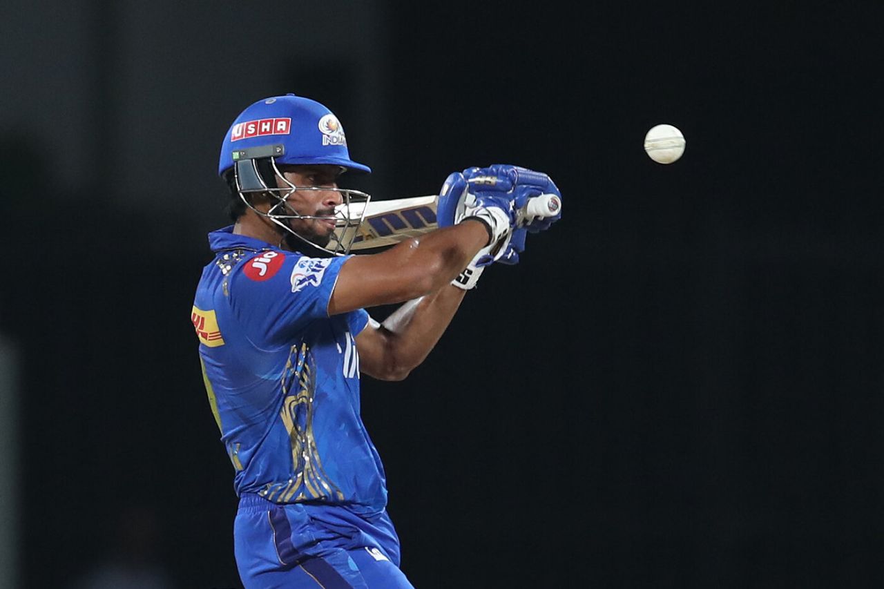 Eyes on the ball: Tilak Varma bats during the Eliminator, Lucknow Super Giants vs Mumbai Indians, IPL 2023, Eliminator, May 24, 2023