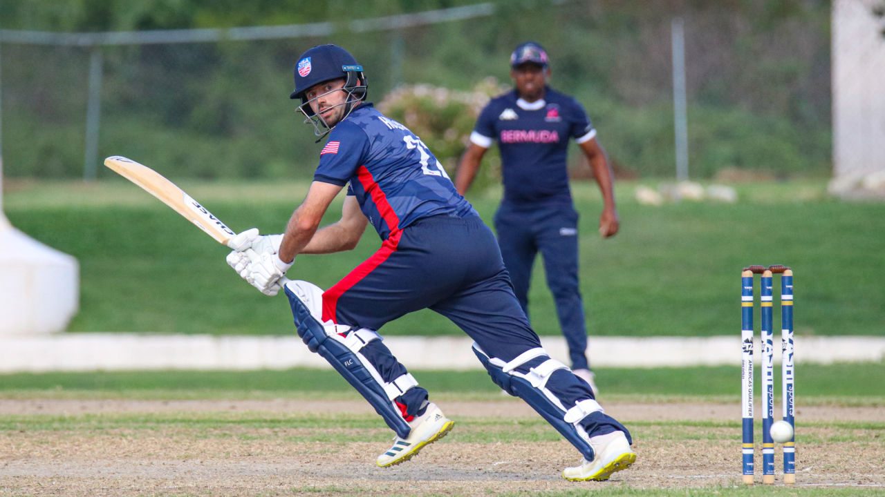 USA allrounder Ian Holland flicks through fine leg for a single, Bermuda v USA, ICC T20 World Cup Qualifier Americas Regional Final, North Sound, November 8, 2021