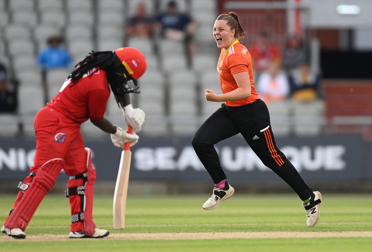 Grace Ballinger celebrates her dismissal of Deandra Dottin, Thunder vs The Blaze, Charlotte Edwards Cup, Old Trafford, May 25, 2023