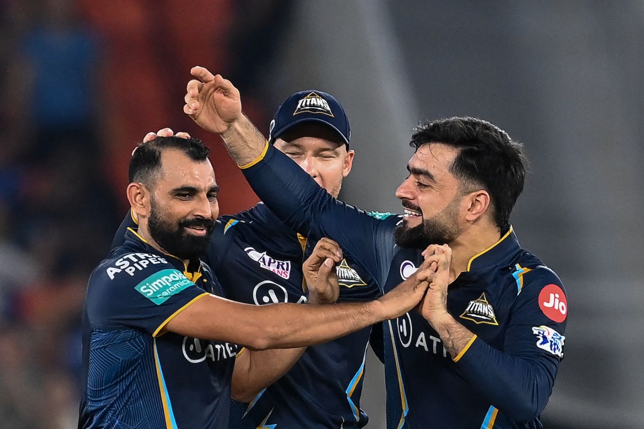 Mohammed Shami and Rashid Khan, Titans' most successful bowlers this season, celebrate the fall of Rohit Sharma, Gujarat Titans vs Mumbai Indians, IPL 2023 Qualifier 2, Ahmedabad, May 26, 2023