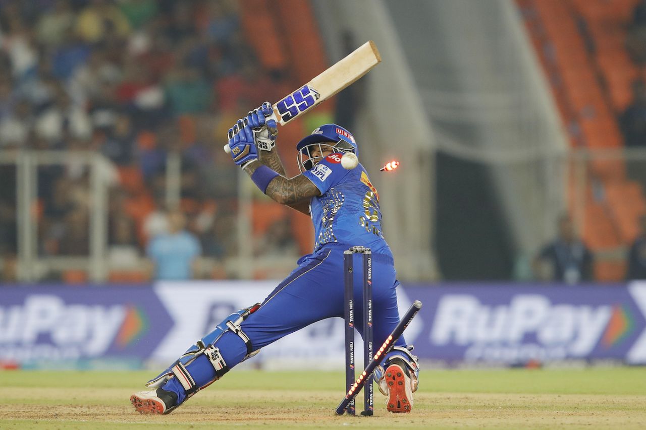 Suryakumar Yadav lost his stumps to Mohit Sharma, Gujarat Titans vs Mumbai Indians, IPL 2023 Qualifier 2, Ahmedabad, May 26, 2023