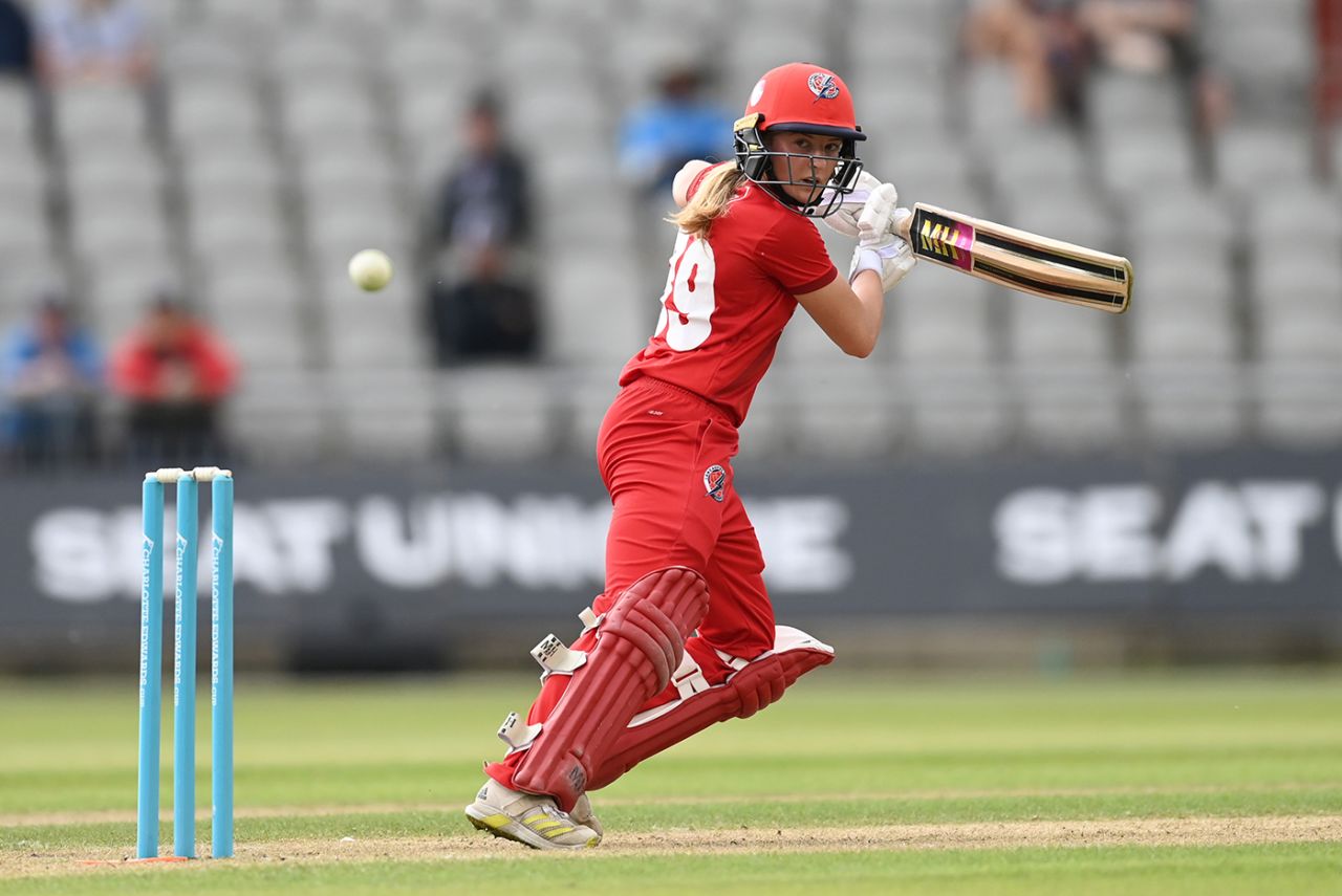 Liberty Heap steers the ball behind square, Thunder vs The Blaze, Charlotte Edwards Cup, Old Trafford, May 25, 2023